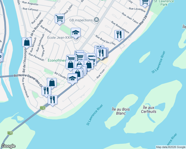 map of restaurants, bars, coffee shops, grocery stores, and more near 160 F Rue Bédard in Repentigny
