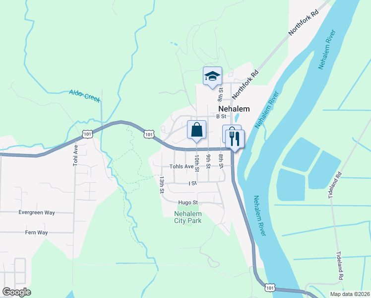 map of restaurants, bars, coffee shops, grocery stores, and more near 35850 11th Street in Nehalem