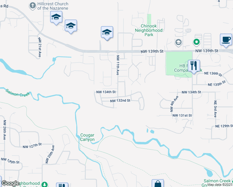 map of restaurants, bars, coffee shops, grocery stores, and more near 1103 Northwest 132nd Street in Vancouver