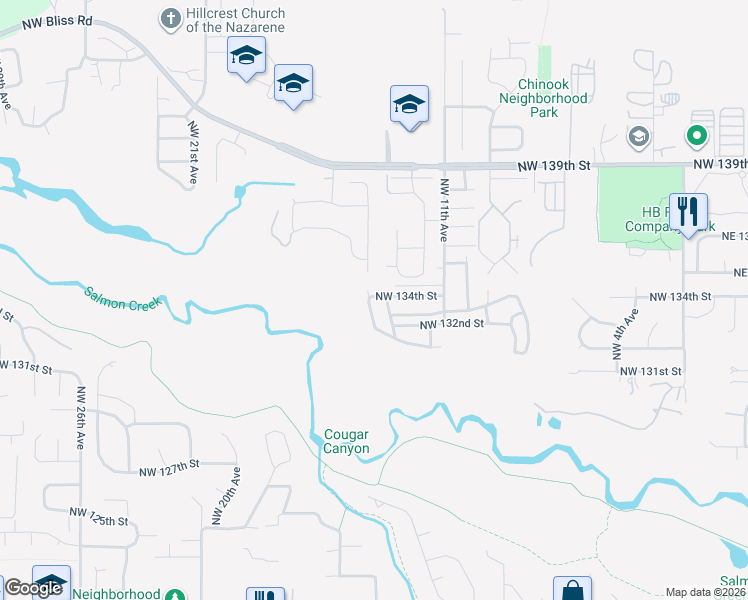 map of restaurants, bars, coffee shops, grocery stores, and more near 1205 Northwest 132nd Street in Vancouver