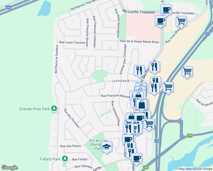 map of restaurants, bars, coffee shops, grocery stores, and more near 555 Rue Gabriel Christie in Terrebonne
