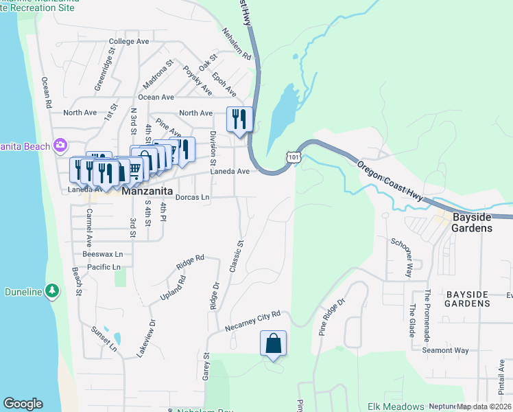 map of restaurants, bars, coffee shops, grocery stores, and more near 762 Dorcas Lane in Manzanita