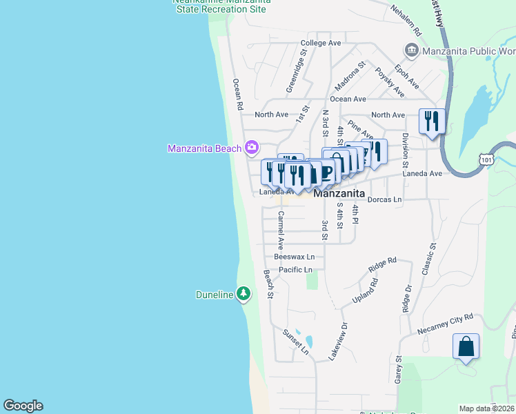 map of restaurants, bars, coffee shops, grocery stores, and more near 1 Laneda Avenue in Manzanita