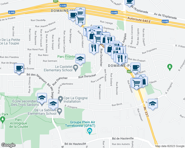 map of restaurants, bars, coffee shops, grocery stores, and more near 4285 Rue Durocher in Terrebonne