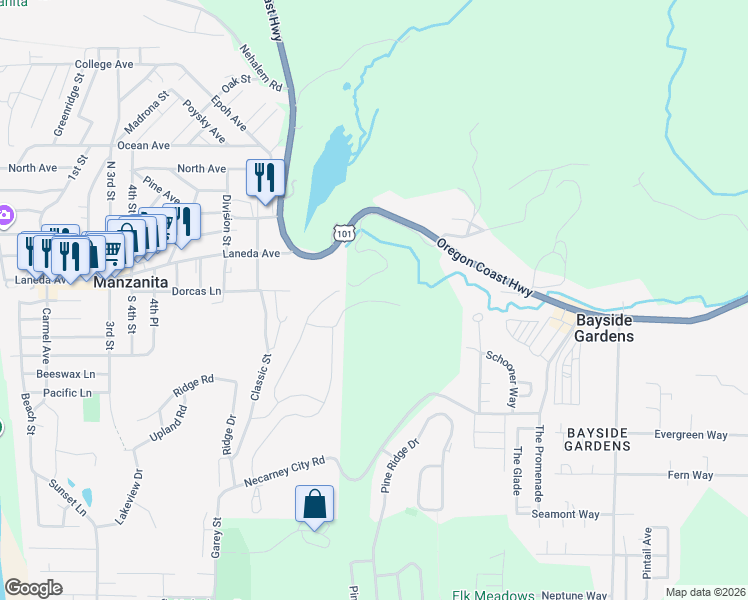 map of restaurants, bars, coffee shops, grocery stores, and more near 433 Meadows Drive in Manzanita