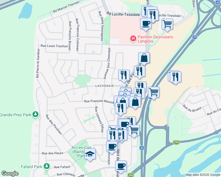 map of restaurants, bars, coffee shops, grocery stores, and more near 106 Croissant Pierre Rivière in Terrebonne
