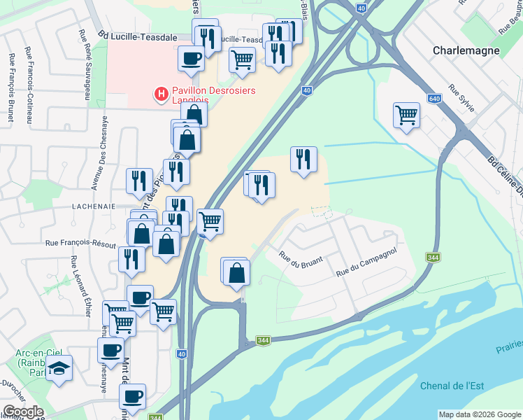 map of restaurants, bars, coffee shops, grocery stores, and more near 553 Rue des Migrateurs in Terrebonne