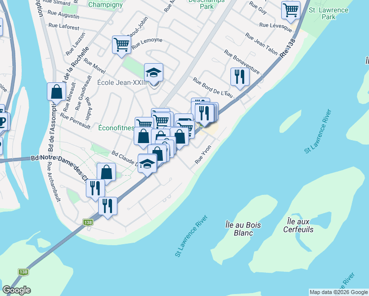 map of restaurants, bars, coffee shops, grocery stores, and more near 172 Rue Notre Dame in Repentigny