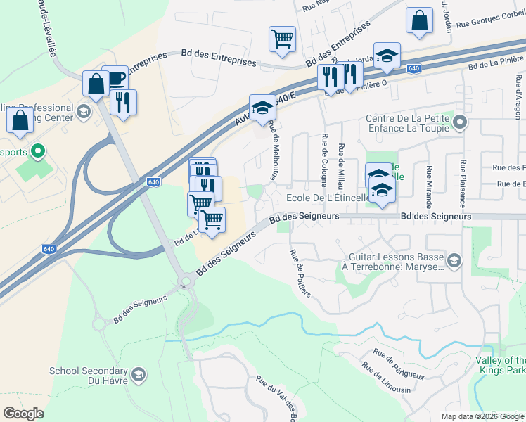 map of restaurants, bars, coffee shops, grocery stores, and more near 1791 Place de Melbourne in Terrebonne