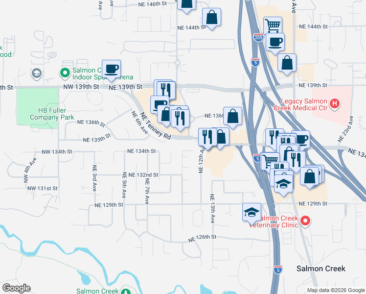 map of restaurants, bars, coffee shops, grocery stores, and more near 1102 Northeast 135th Circle in Vancouver