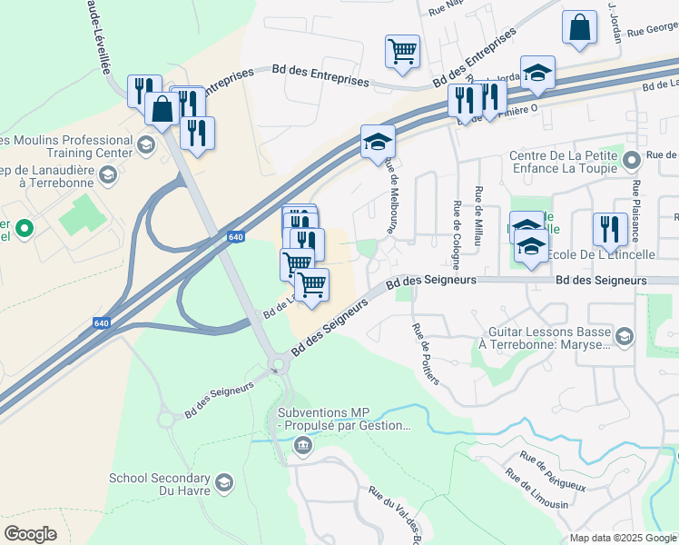 map of restaurants, bars, coffee shops, grocery stores, and more near 2735 Boulevard De La Pinière Ouest in Terrebonne