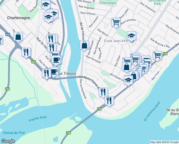 map of restaurants, bars, coffee shops, grocery stores, and more near 2 Rue des Bouleaux in Repentigny