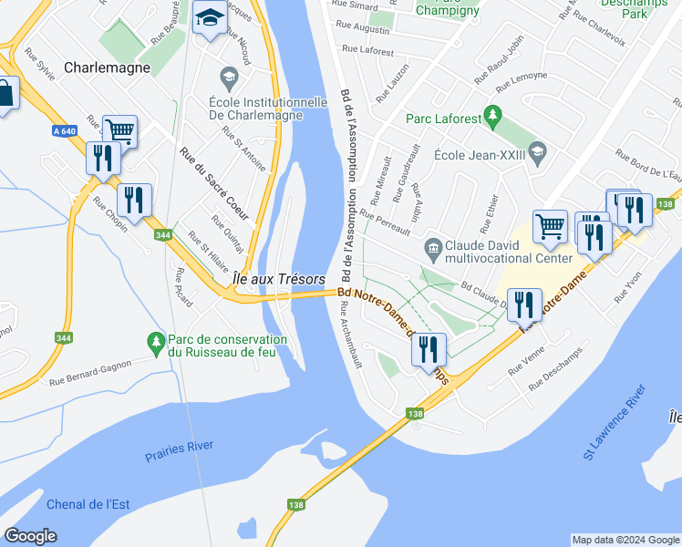 map of restaurants, bars, coffee shops, grocery stores, and more near 7 Boulevard de l'Assomption in Repentigny