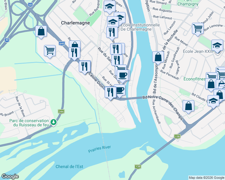 map of restaurants, bars, coffee shops, grocery stores, and more near 70 Rue Saint Hilaire in Charlemagne