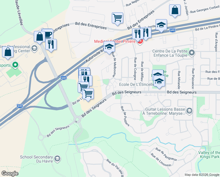 map of restaurants, bars, coffee shops, grocery stores, and more near 1791 Place de Melbourne in Terrebonne