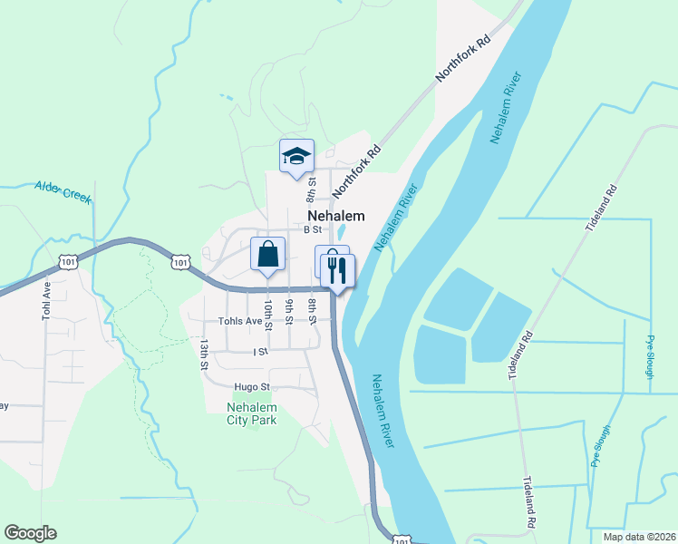 map of restaurants, bars, coffee shops, grocery stores, and more near 36055 7th Street in Nehalem