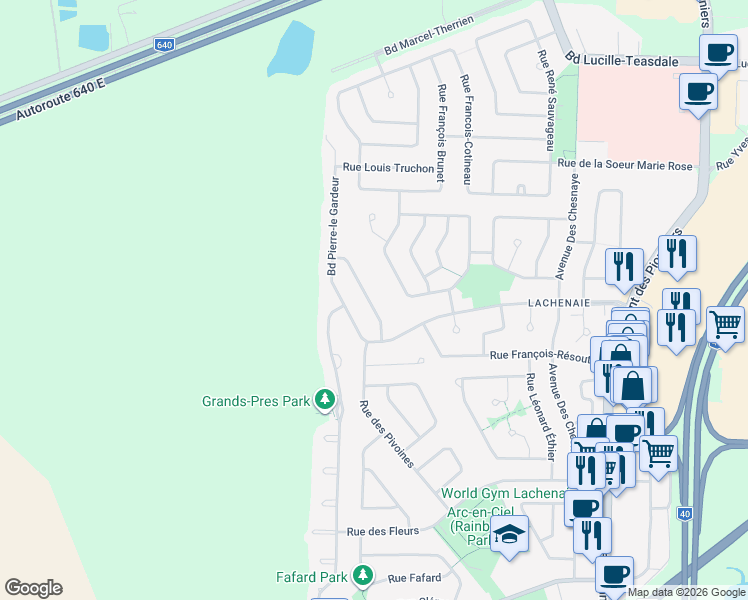 map of restaurants, bars, coffee shops, grocery stores, and more near 125 Guillaume Beaudoin Street in Terrebonne