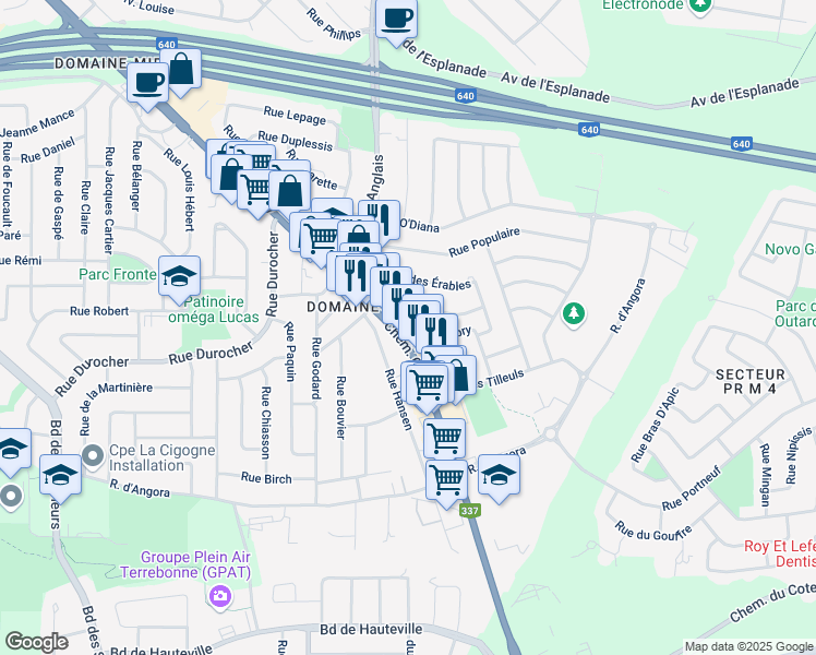 map of restaurants, bars, coffee shops, grocery stores, and more near 1829 Chemin Gascon in Terrebonne