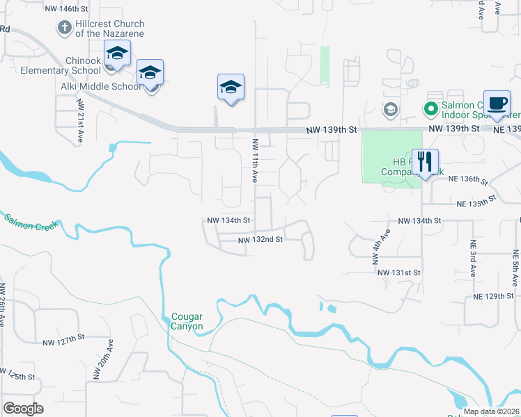 map of restaurants, bars, coffee shops, grocery stores, and more near 13409 Northwest 11th Avenue in Vancouver