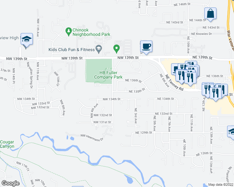 map of restaurants, bars, coffee shops, grocery stores, and more near 107 Northeast 135th Street in Vancouver