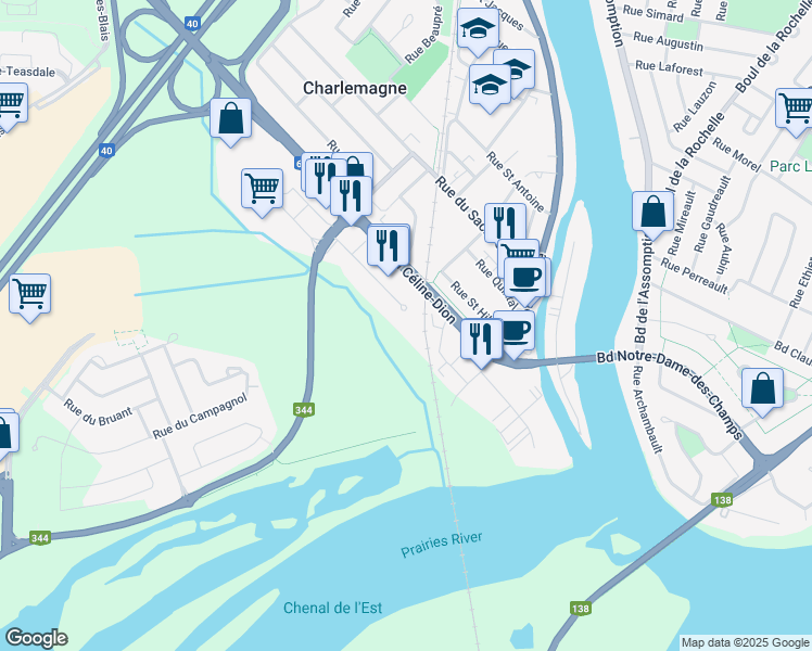 map of restaurants, bars, coffee shops, grocery stores, and more near 100 Rue Chopin in Charlemagne