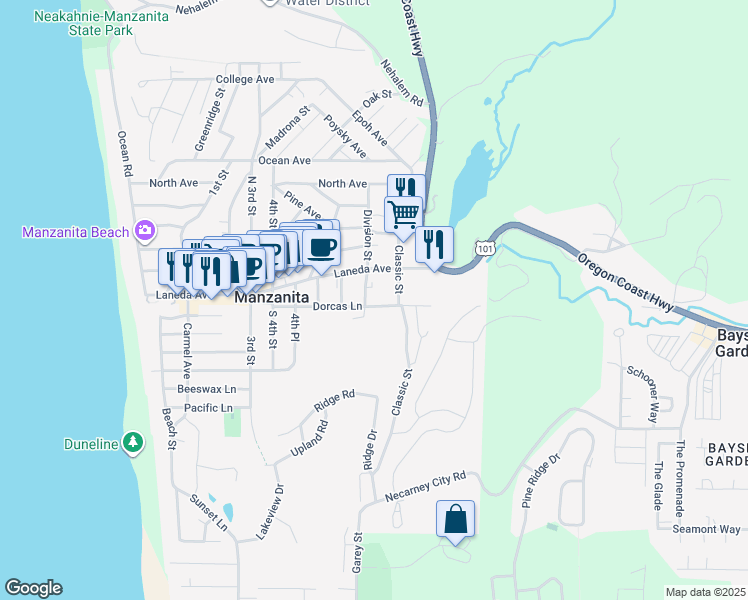 map of restaurants, bars, coffee shops, grocery stores, and more near 155 Division Street in Manzanita