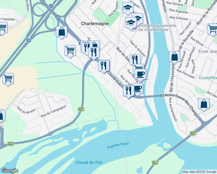 map of restaurants, bars, coffee shops, grocery stores, and more near 105 Rue Chopin in Charlemagne