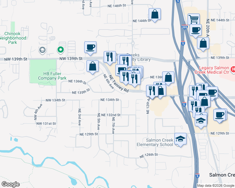 map of restaurants, bars, coffee shops, grocery stores, and more near in Salmon Creek