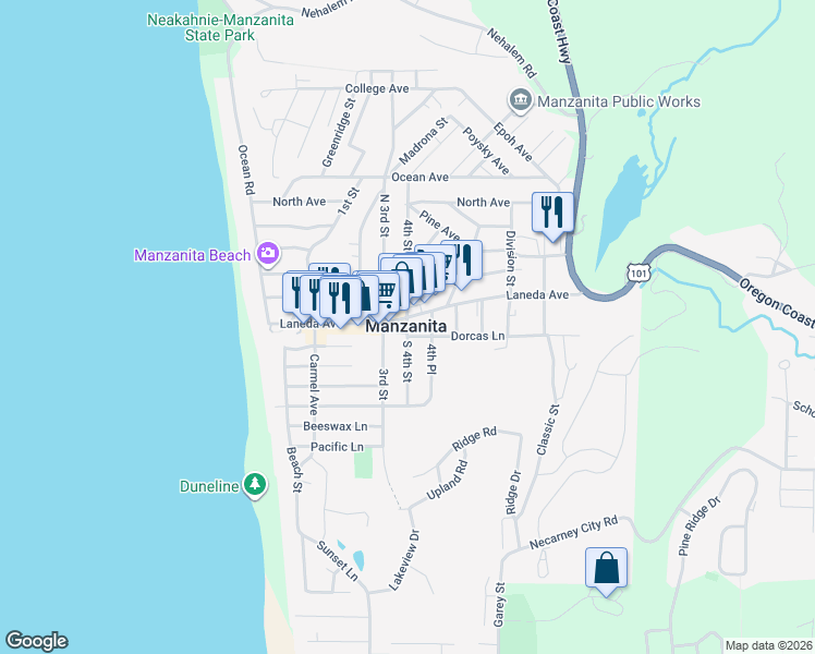 map of restaurants, bars, coffee shops, grocery stores, and more near in Manzanita