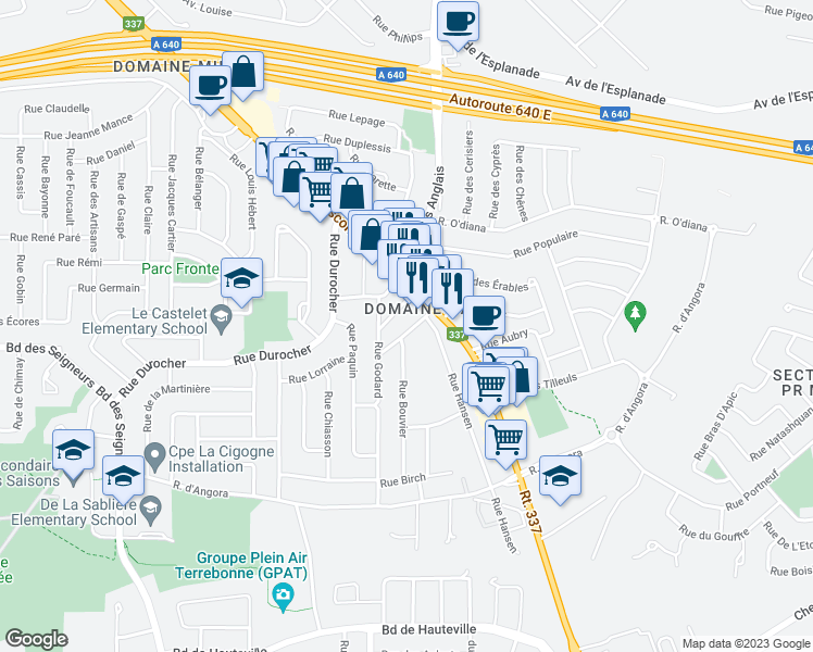 map of restaurants, bars, coffee shops, grocery stores, and more near 4429 Rue Pauzé in Terrebonne