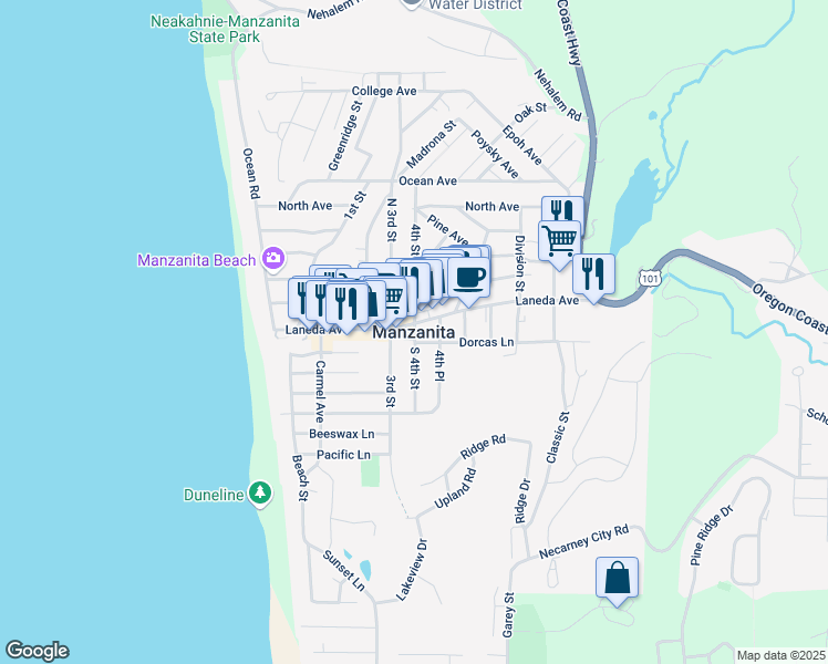 map of restaurants, bars, coffee shops, grocery stores, and more near in Manzanita