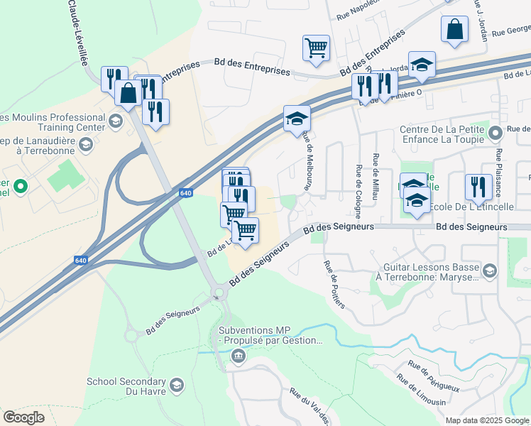map of restaurants, bars, coffee shops, grocery stores, and more near 2735 Boulevard De La Pinière Ouest in Terrebonne