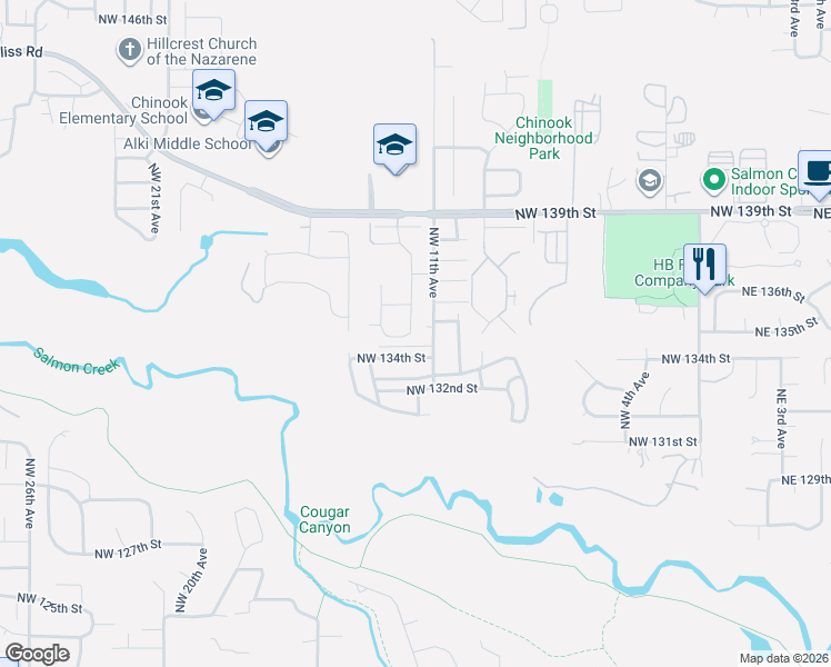 map of restaurants, bars, coffee shops, grocery stores, and more near 1208 Northwest 134th Way in Vancouver