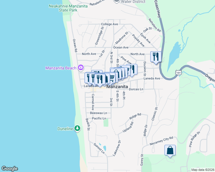map of restaurants, bars, coffee shops, grocery stores, and more near in Manzanita