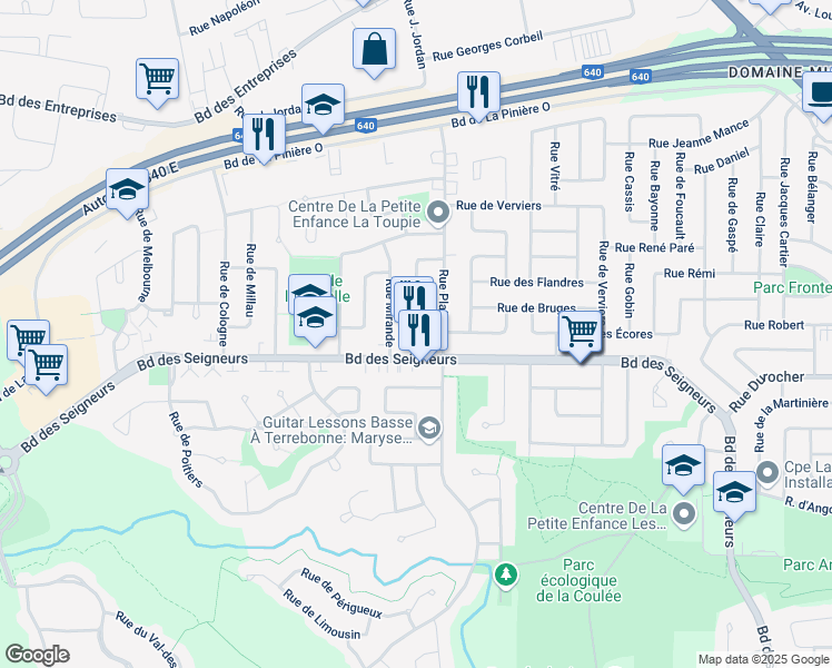 map of restaurants, bars, coffee shops, grocery stores, and more near 1750 Rue de Plaisance in Terrebonne