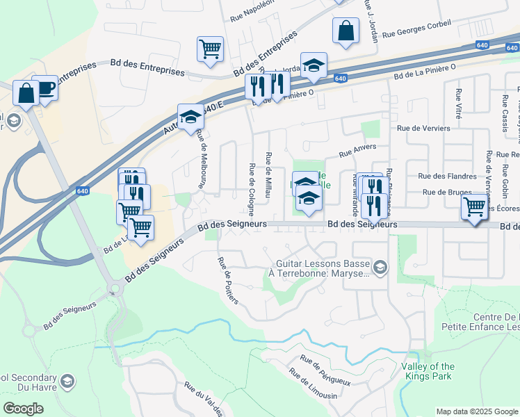 map of restaurants, bars, coffee shops, grocery stores, and more near 1755 Rue de Millau in Terrebonne