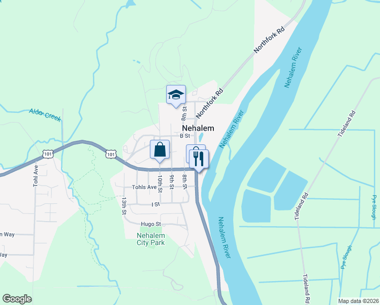map of restaurants, bars, coffee shops, grocery stores, and more near 36082 7th Street in Nehalem