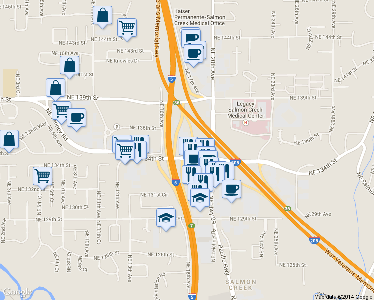 map of restaurants, bars, coffee shops, grocery stores, and more near 1800 Northeast 134th Street in Vancouver