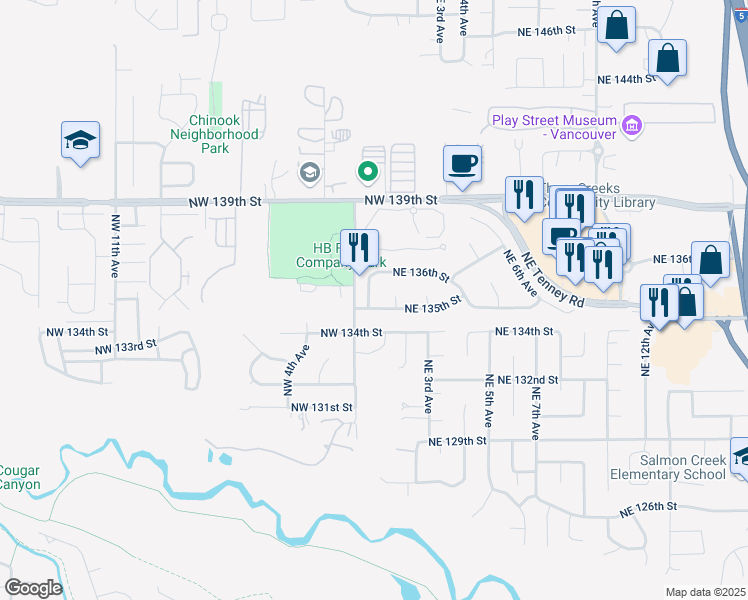 map of restaurants, bars, coffee shops, grocery stores, and more near 107 Northeast 135th Street in Vancouver