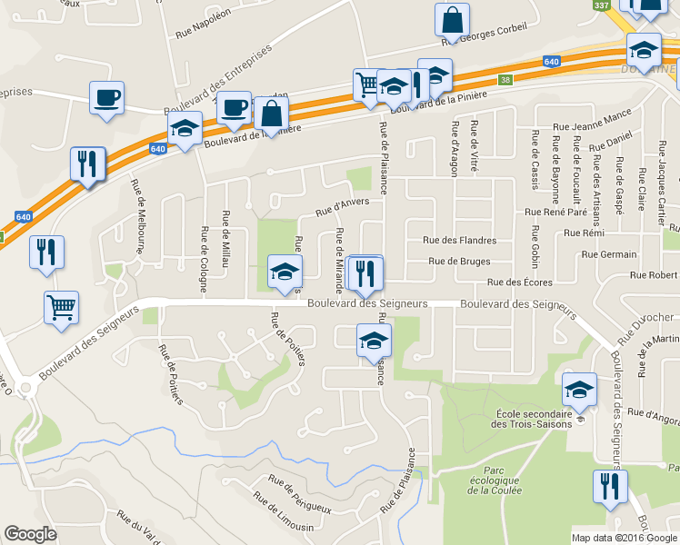 map of restaurants, bars, coffee shops, grocery stores, and more near Rue de Mirande in Terrebonne