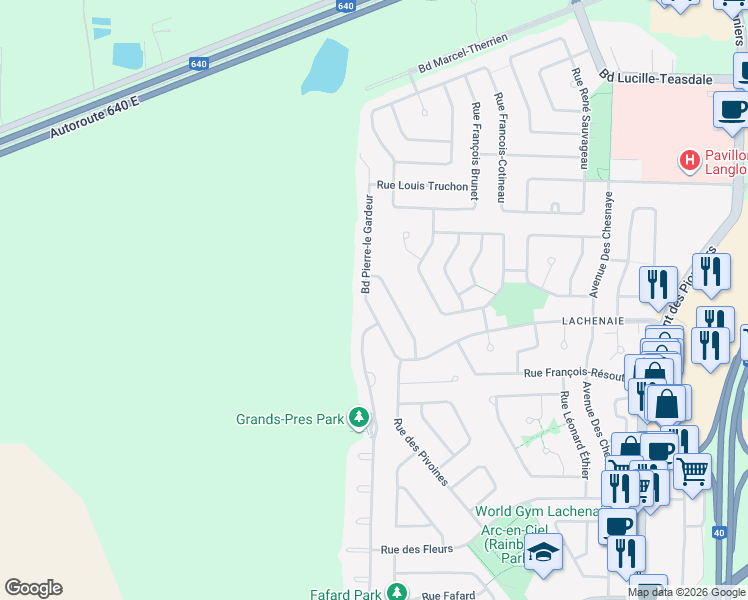 map of restaurants, bars, coffee shops, grocery stores, and more near 4385 Boulevard Pierre le Gardeur in Terrebonne
