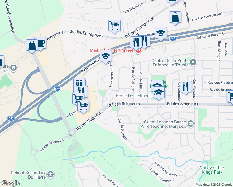 map of restaurants, bars, coffee shops, grocery stores, and more near 2426 Rue de Nagano in Terrebonne