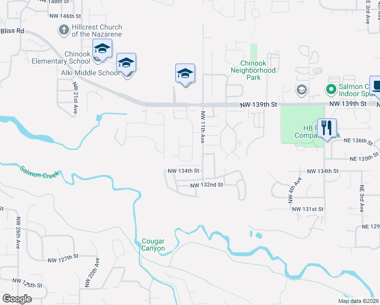 map of restaurants, bars, coffee shops, grocery stores, and more near 1208 Northwest 134th Way in Vancouver