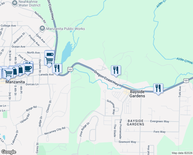 map of restaurants, bars, coffee shops, grocery stores, and more near 10425 Neahkahnie Creek Road in Nehalem