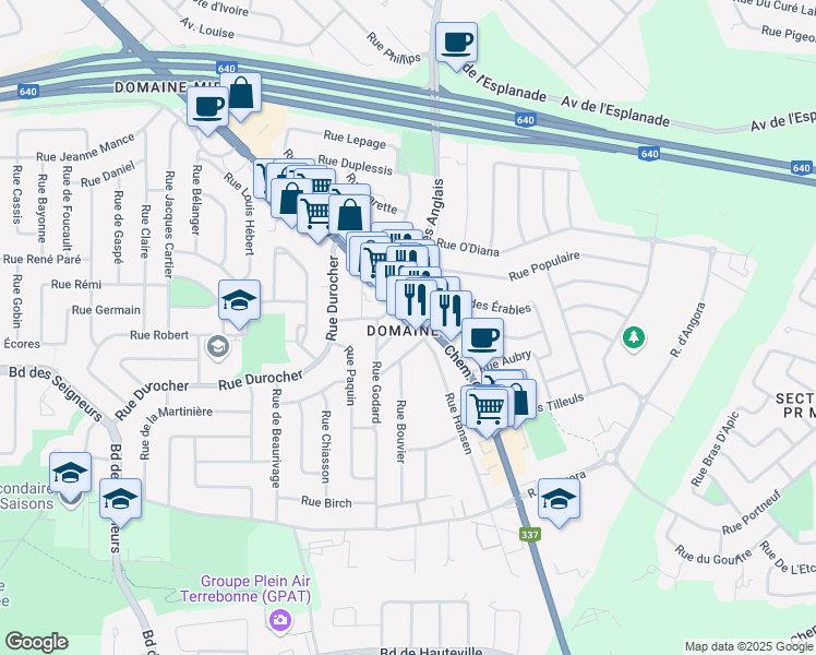 map of restaurants, bars, coffee shops, grocery stores, and more near 1920 Chemin Gascon in Terrebonne
