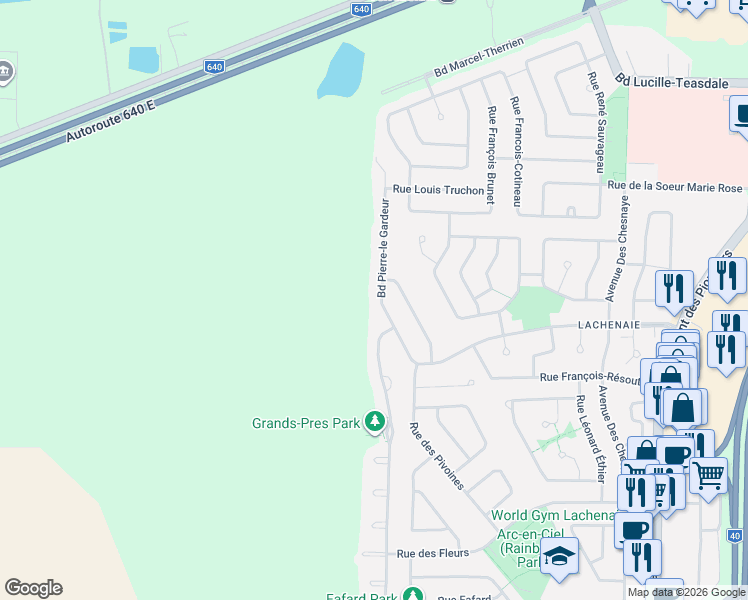map of restaurants, bars, coffee shops, grocery stores, and more near 4364 Boulevard Pierre-le Gardeur in Terrebonne