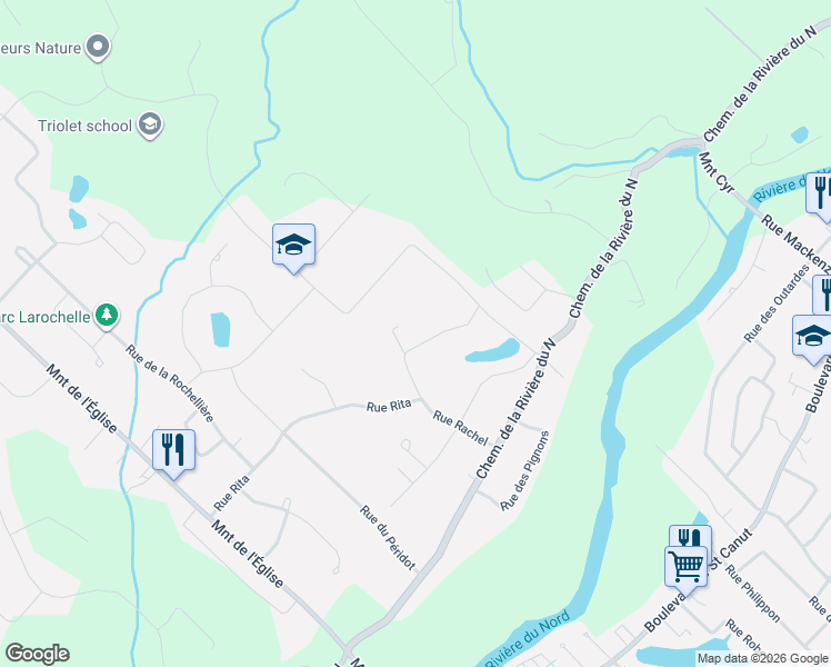 map of restaurants, bars, coffee shops, grocery stores, and more near 40 Rue Rachel in Saint-Colomban