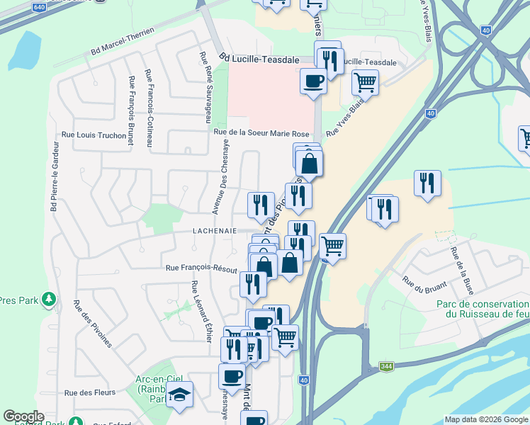 map of restaurants, bars, coffee shops, grocery stores, and more near 665 Montée des Pionniers in Terrebonne