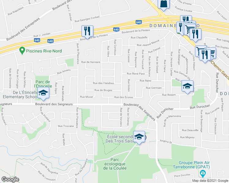 map of restaurants, bars, coffee shops, grocery stores, and more near 3740 Rue de Bruges in Terrebonne
