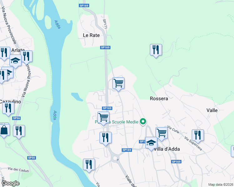map of restaurants, bars, coffee shops, grocery stores, and more near 15 Via Guglielmo Marconi in Villa d'Adda